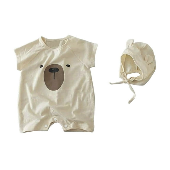 LIIPEE Girls Boys Onesie Cartoon Printed Short Sleeve Round Neck Romper With Hat Infant Lovely Party One-Pieces,Beige,6-12 Months