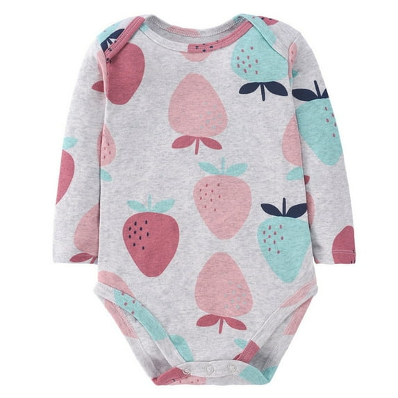 LIIPEE Girls Boys Onesie Cartoon Strawberry Printed Long Sleeve Round Neck Bodysuit Toddler Classic Birthday One-Pieces,Light Gray2,9-12 Months