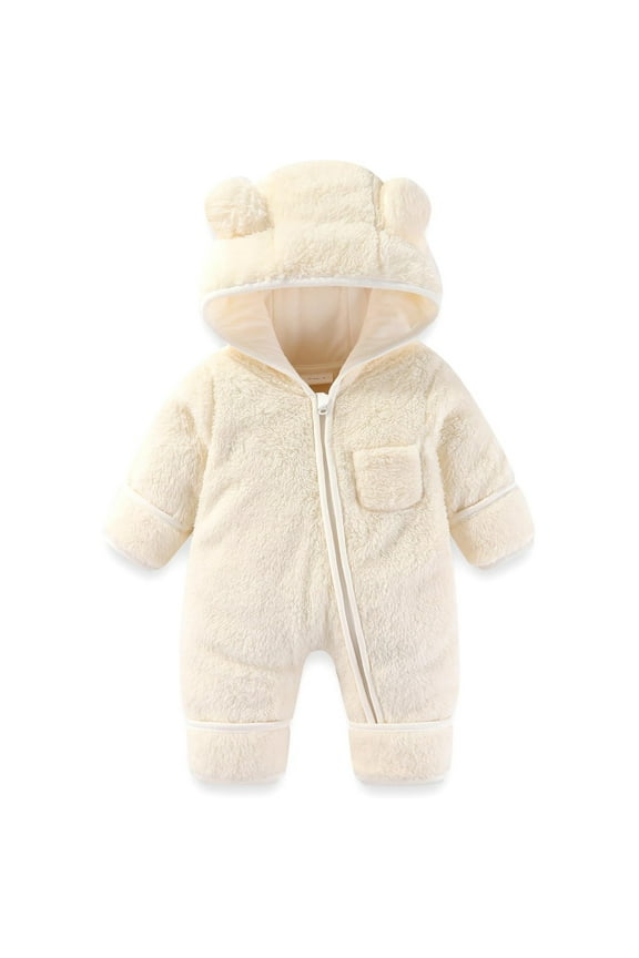Girls Boys Onesie Fall Winter Solid Color Warm Thickened Hooded Zip Up Flannel Jumpsuit Baby Comfort Indoor One-Pieces,Beige,0-3 Months