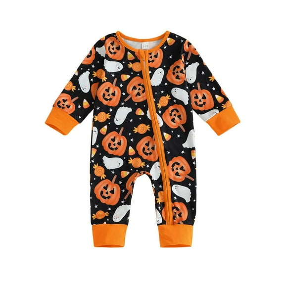 LIIPEE Girls Boys Onesie Halloween Cartoon Ghost Pumpkin Printed Long Sleeve Round Neck Zip Up Jumpsuit Comfort Photoshoot One-Pieces,Black,3-6 Months
