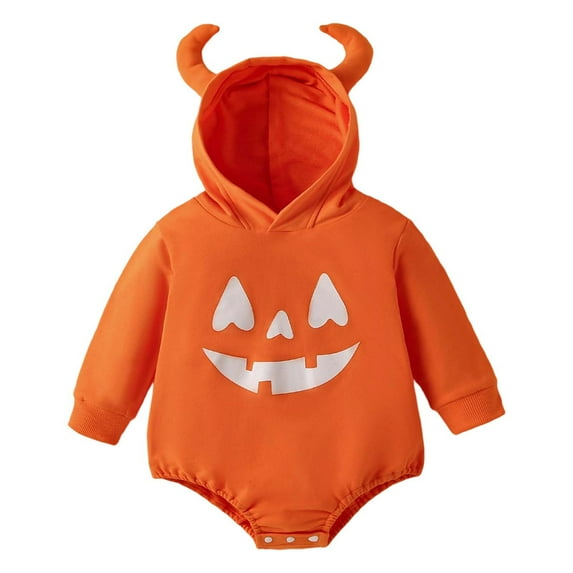 LIIPEE Girls Boys Onesie Halloween Cartoon Printed Printed Long Sleeve Hooded Bodysuit Lovely Daily One-Pieces,Orange,3-6 Months