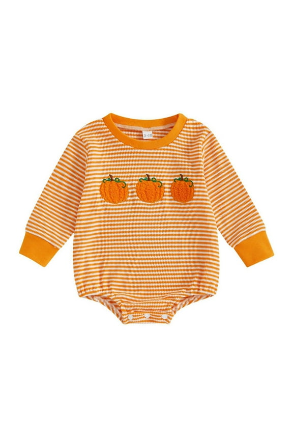 Girls Boys Onesie Halloween Cartoon Pumpkin Embroidered Long Sleeve Round Neck Striped Bodysuit Versatile Party One-Pieces,Orange,6-12 Months