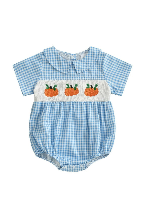 Girls Boys Onesie Halloween Cartoon Pumpkin Embroidered Short Sleeve Peter Pan Collar Bodysuit Baby Versatile Photoshoot One-Pieces,Blue,18-24 Months