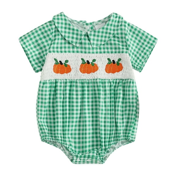 LIIPEE Girls Boys Onesie Halloween Cartoon Pumpkin Embroidered Short Sleeve Peter Pan Collar Bodysuit Stylish Photoshoot One-Pieces,Green,0-3 Months