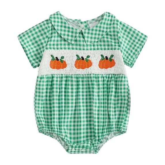 LIIPEE Girls Boys Onesie Halloween Cartoon Pumpkin Embroidered Short Sleeve Peter Pan Collar Bodysuit Toddler Trendy Casual Outings One-Pieces,Green,3-6 Months