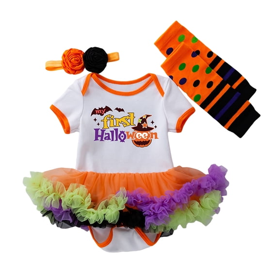 LIIPEE Girls Boys Onesie Halloween Cartoon Pumpkin Letter Printed Short Sleeve Round Neck Dress Bodysuit Sock With Headband Child Comfortable Birthday Wedding Weekend One-Pieces,Yellow,6-12 Months