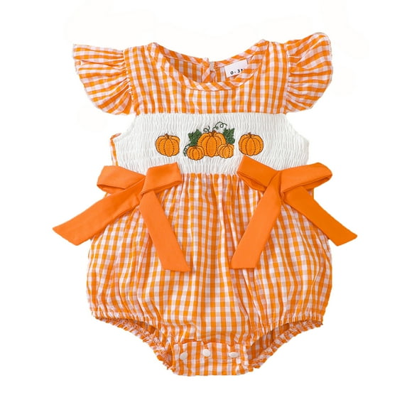LIIPEE Girls Boys Onesie Halloween Pumpkin Embroidery Fly Sleeve Round Neck Bowknot Plaid Bodysuit Classic Birthday One-Pieces,Orange,6-12 Months