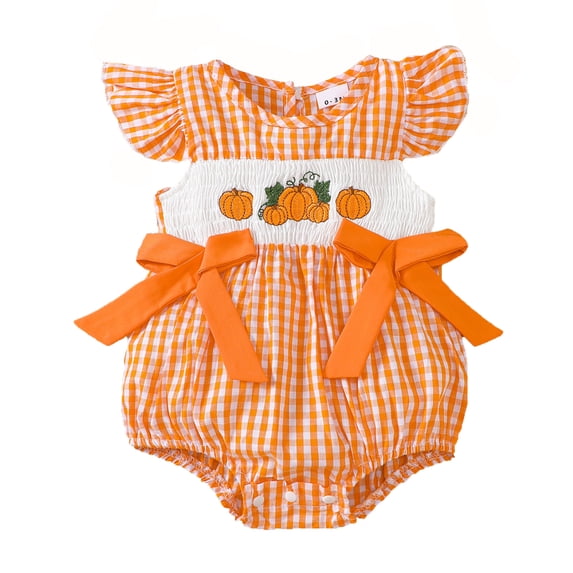 LIIPEE Girls Boys Onesie Halloween Pumpkin Embroidery Fly Sleeve Round Neck Bowknot Plaid Bodysuit Toddler Trendy Casual Outings One-Pieces,Orange,0-3 Months