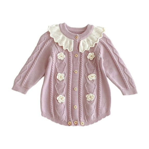 LIIPEE Girls Boys Onesie Knitted Ruffled Long Sleeve Round Neck Bodysuit Baby Stylish Photoshoot One-Pieces,Purple,0-3 Months