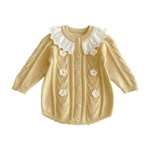 LIIPEE Girls Boys Onesie Knitted Ruffled Long Sleeve Round Neck Bodysuit Comfort Photoshoot One-Pieces,Yellow,6-9 Months