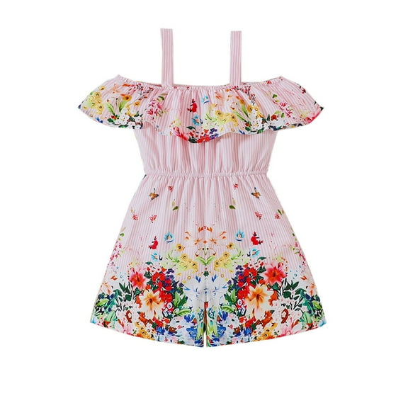 LIIPEE Girls Boys Onesie Ruffle Striped Flower Printed Spaghetti Strap Romper Versatile Vacation One-Pieces,Pink,3-4 Years