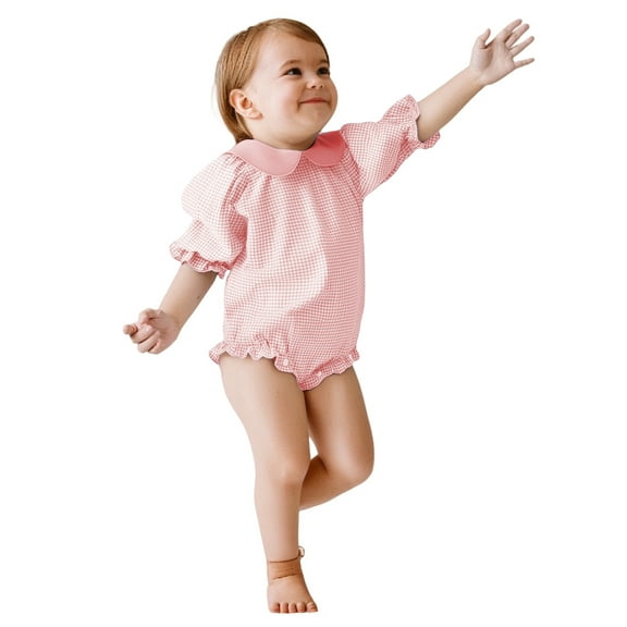 LIIPEE Girls Boys Onesie Ruffled Puff Sleeved Peter Pan Collar Plaid Bodysuit Baby Cute Photoshoot One-Pieces,Pink,6-12 Months