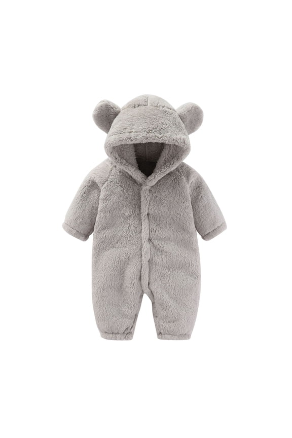 Girls Boys Onesie Solid Color Cartoon Animal Long Sleeve Hooded Fuzzy Jumpsuit Versatile Casual Daily Party Photoshoot One-Pieces,Grey,0-3 Months