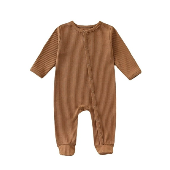 LIIPEE Girls Boys Onesie Solid Color Long Sleeve Round Neck Button Jumpsuit Baby Leisure Vacation One-Pieces,Brown,0-3 Months