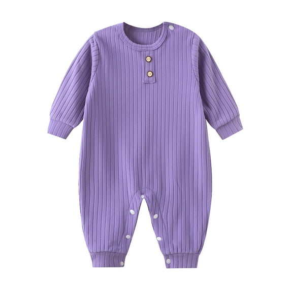 LIIPEE Girls Boys Onesie Solid Color Long Sleeve Round Neck Button Jumpsuit Cute Photoshoot One-Pieces,Purple,0-3 Months