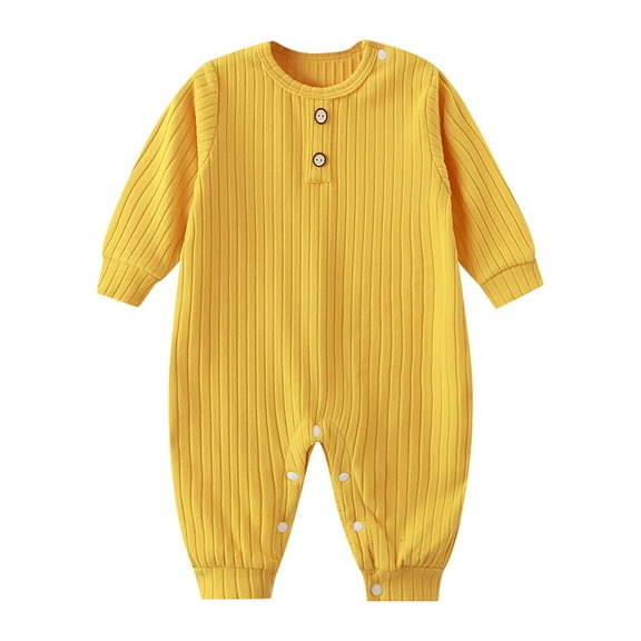 LIIPEE Girls Boys Onesie Solid Color Long Sleeve Round Neck Button Jumpsuit Toddler Casual Casual Outings One-Pieces,Yellow,9-12 Months