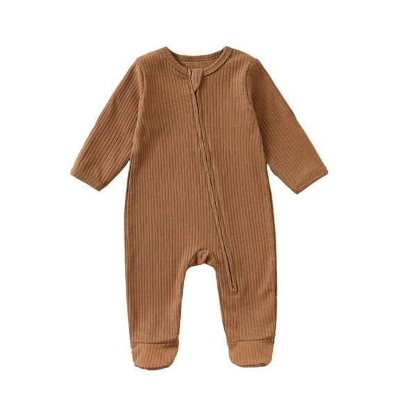 LIIPEE Girls Boys Onesie Solid Color Long Sleeve Round Neck Zip Up Jumpsuit Newborn Cute Daily One-Pieces,Brown,0-6 Months