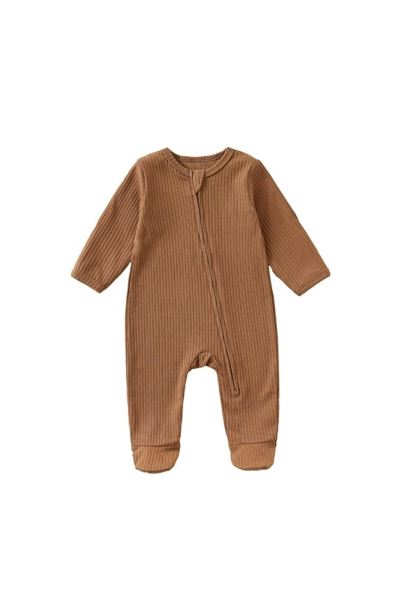 Girls Boys Onesie Solid Color Long Sleeve Round Neck Zip Up Jumpsuit Newborn Cute Daily One-Pieces,Brown,0-6 Months