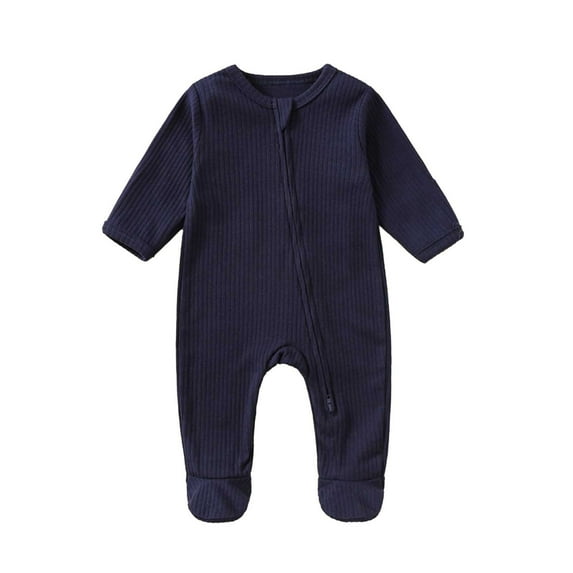LIIPEE Girls Boys Onesie Solid Color Long Sleeve Round Neck Zip Up Jumpsuit Toddler Trendy Party One-Pieces,Navy,18-24 Months
