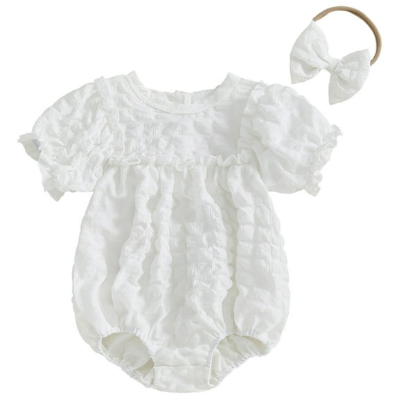 LIIPEE Girls Boys Onesie Solid Color Ruffled Puff Sleeve Round Neck Bodysuit Versatile Daily One-Pieces,White,3-6 Months