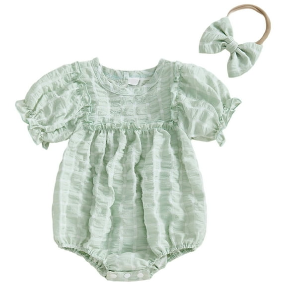 LIIPEE Girls Boys Onesie Solid Color Ruffled Puff Sleeve Round Neck Bodysuit Toddler Sweet Vacation One-Pieces,Green,6-12 Months