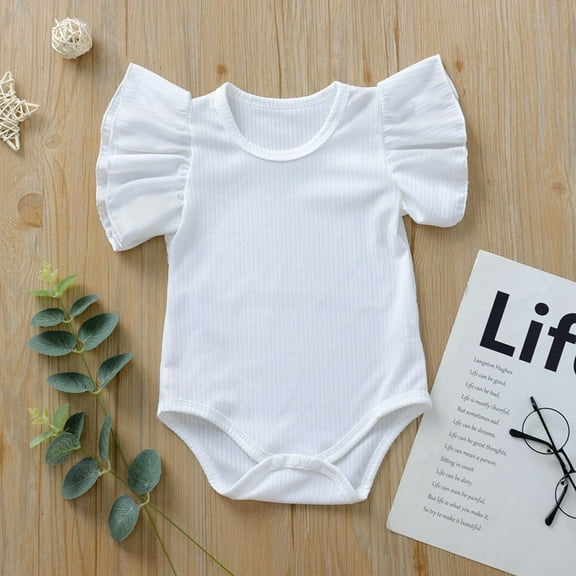 LIIPEE Girls Boys Onesie Summer Comfortable Solid Color Ruffle Round Neck Short Sleeve Bodysuit Baby Leisure Beach Bodysuit,White,18-24 Months