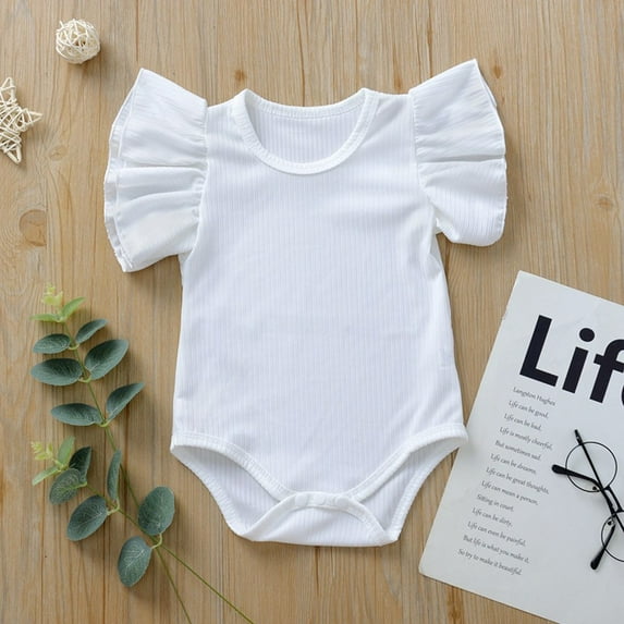 LIIPEE Girls Boys Onesie Summer Comfortable Solid Color Ruffle Round Neck Short Sleeve Bodysuit Baby Leisure Beach Bodysuit,White,18-24 Months