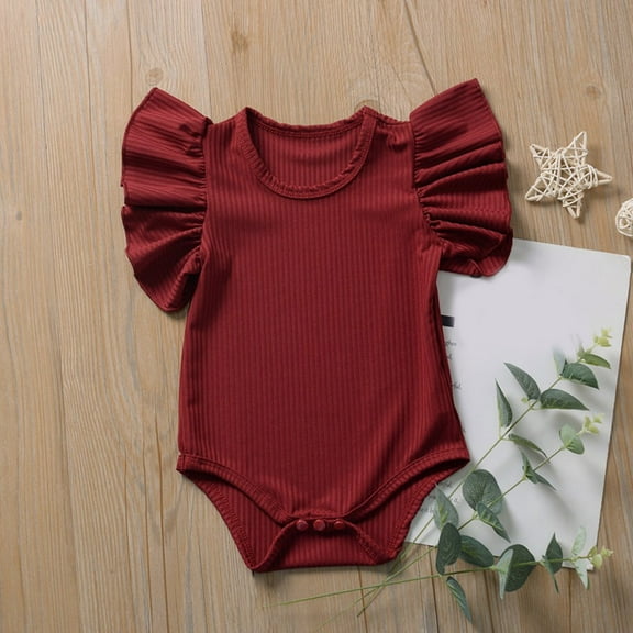 LIIPEE Girls Boys Onesie Summer Comfortable Solid Color Ruffle Round Neck Short Sleeve Bodysuit Girls Versatile Daily Wear Bodysuit,Red,6-12 Months