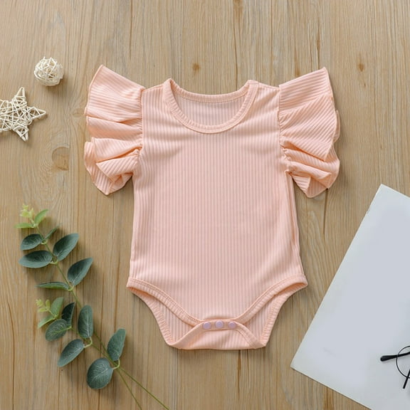 LIIPEE Girls Boys Onesie Summer Comfortable Solid Color Ruffle Round Neck Short Sleeve Bodysuit Leisure Daily Wear Bodysuit,Pink,18-24 Months