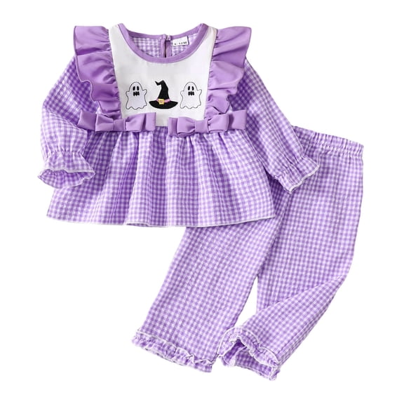 LIIPEE Girls Boys Outfit Halloween Cartoon Ghost Hat Embroidery Ruffled Long Sleeve Round Neck Shirt Plaid Pants Set Newborn Classic Birthday Outfits,Purple,6-12 Months