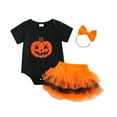 thumbnail image 1 of LIIPEE Girls Boys Outfit Halloween Cartoon Pumpkin Embroidery Short Sleeve Round Neck Bodysuit Tulle Tutu Skirt Set Baby Casual Birthday Outfits,Black,6-12 Months, 1 of 9