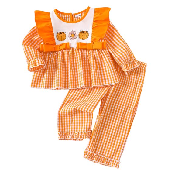 LIIPEE Girls Boys Outfit Halloween Cartoon Pumpkin Flower Embroidery Ruffled Long Sleeve Round Neck Shirt Plaid Pants Set Casual School Outfits,Orange,12-18 Months