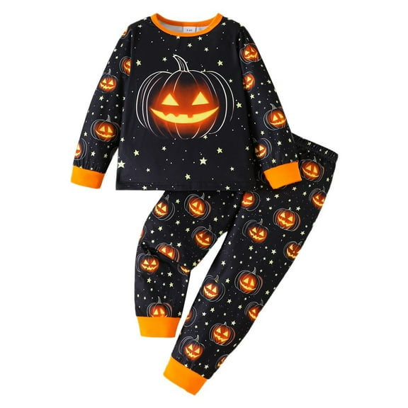 LIIPEE Girls Boys Outfits Halloween Cartoon Pumpkin Printed Long Sleeve Round Neck Top Pants Set Youth Comfort Daily Outfit,Black,1-2 Years