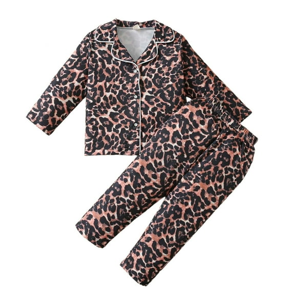 LIIPEE Girls Boys Outfits Leopard Printed Turndown Collar Long Sleeve Button Shirt Pants Set Toddler Versatile Travel Outfit,Brown,3-4 Years
