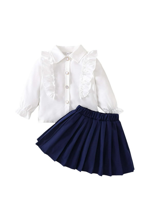 Girls Boys Outfits Solid Color Lace Trim Long Sleeve Turndown Collar Button Top Pleated Skirt School Set Girl Casual Holiday School Vacation Outfits,White,6-7 Years