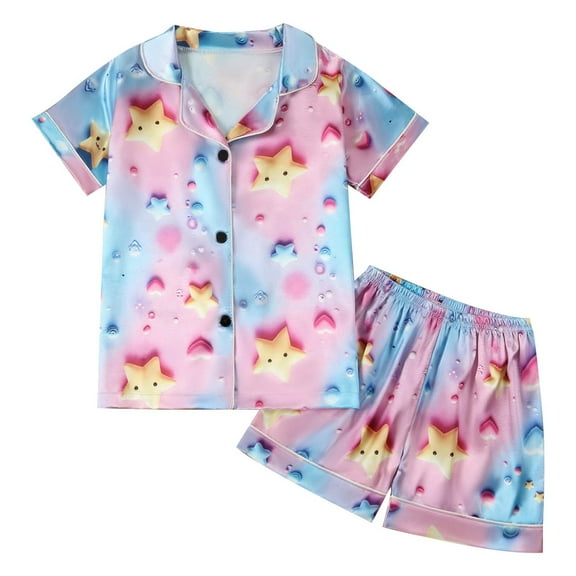 LIIPEE Girls Boys Pajama Outfits Cartoon Star Printed Short Sleeve Turndown Collar Button Shirt Shorts Set Child Comfort Indoor Outdoor Wear Pajama Outfits,Blue,2-3 Years