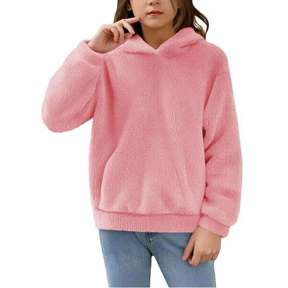 LIIPEE Girls Boys Plush Hoodies Solid Color Long Sleeve Hooded Fuzzy Pullover Tops With Pocket Child Comfortable Birthday Wedding Weekend Sweatshirts,Pink,6-7 Years