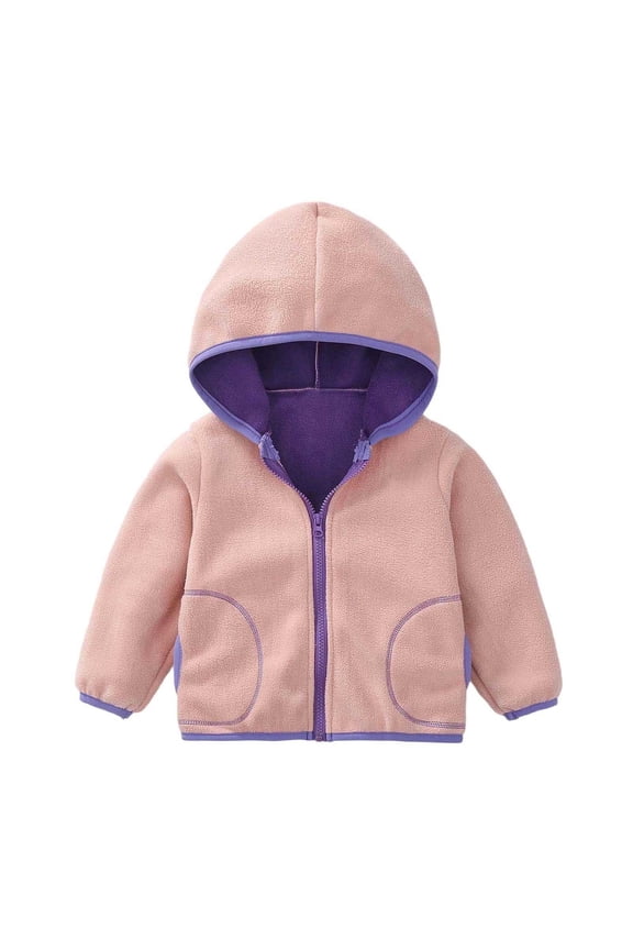 Girls Boys Plush Jacket Color Block Long Sleeve Hooded Zip Up Windproof Warm Jackets Infant Comfort Weekend Coat,Pink,3-4 Years