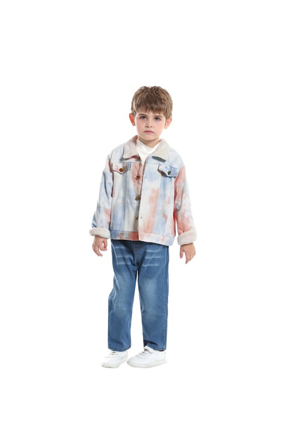 Girls Boys Plush Jacket Tie Dye Printed Long Sleeve Turndown Collar Button Denim Jackets Comfortable Weekend Coat,Beige,12-18 Months