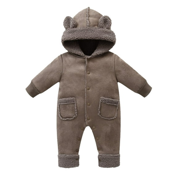 LIIPEE Girls Boys Plush Onesie Cartoon Animal Long Sleeve Hooded Button Fuzzy Jumpsuit With Pocket Toddler Classic School Plush One-Pieces,Coffee,3-6 Months