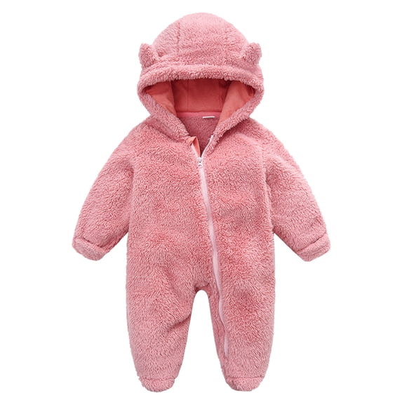 LIIPEE Girls Boys Plush Onesie Warm Solid Color Long Sleeve Hooded Zip Up Fuzzy Jumpsuit Toddler Handsome Birthday Wedding Weekend One-Pieces,Pink,9-12 Months