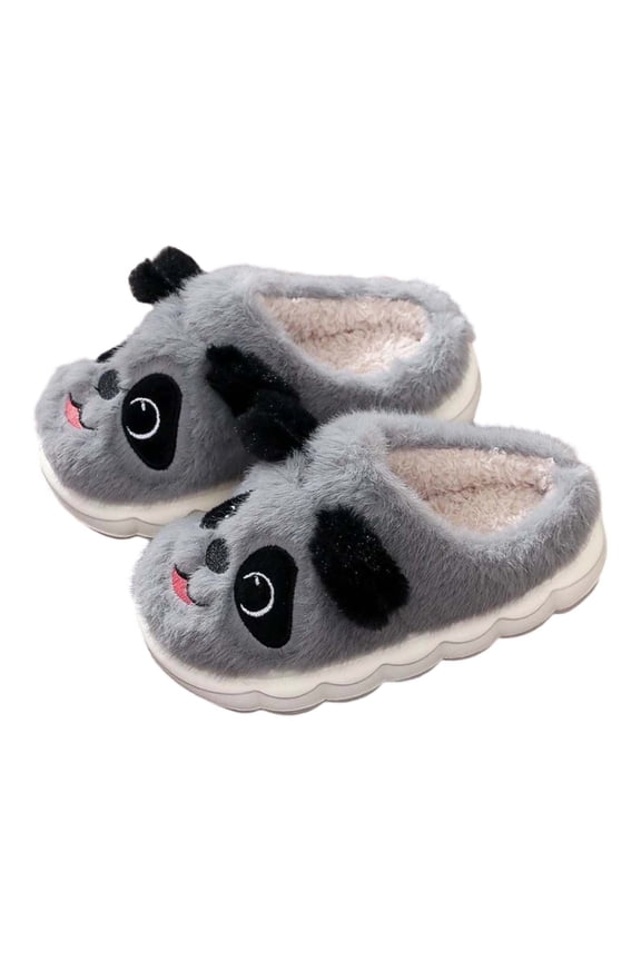 Girls Boys Plush Slippers Warm Cartoon Animal Closed Toe Non- Soft Sole On Fuzzy House Shoes Kids Versatile Work Plush Slipper,Grey,6-7 Years