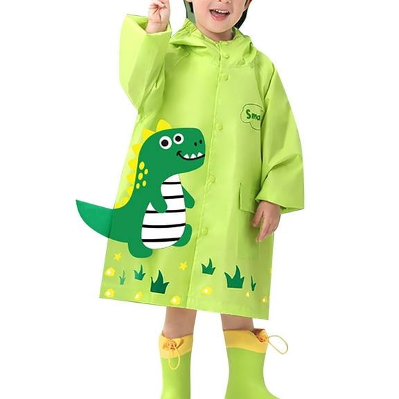 LIIPEE Girls Boys Rain Wear Cartoon Animal Printed Long Sleeve Hooded Button Down Raincoat Child Leisure Travel Rain Ponchos,Green,11-13 Years
