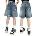 thumbnail image 1 of LIIPEE Girls Boys Ripped Jeans Shorts Elastic High Waist Straight Wide Leg Knee-Length Distressed Denim Shorts With Pockets Child Versatile Riding Shorts,Blue2,9-10 Years, 1 of 9