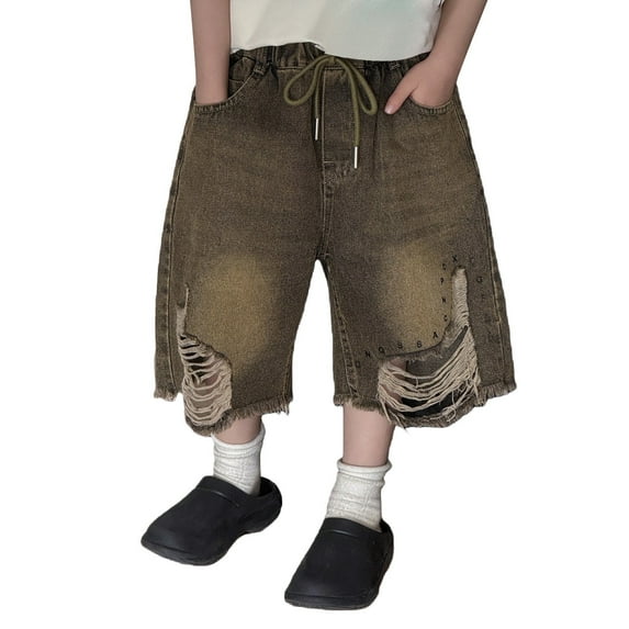 LIIPEE Girls Boys Ripped Jeans Shorts Retro Elastic Waist Drawstring Straight Wide Leg Distressed Denim Shorts With Pockets Baby Trendy Travel Shorts,Brown,3-4 Years