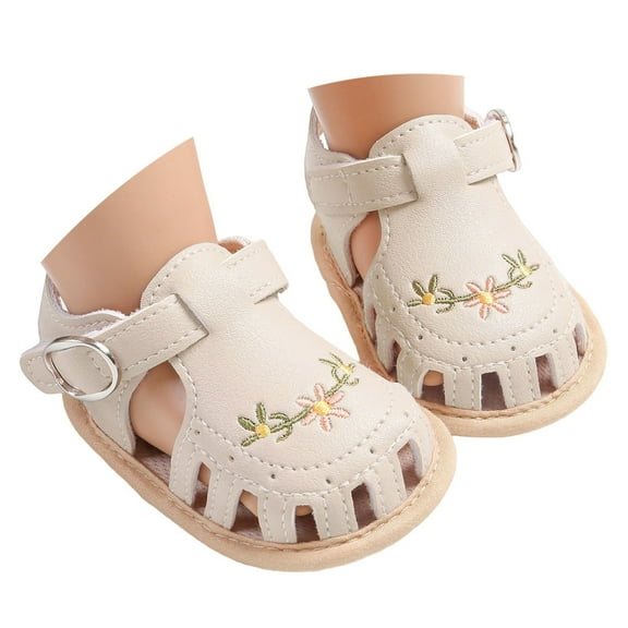 LIIPEE Girls Boys Sandals Summer Cute Flower Embroidery Closed Toe Non- Soft Sole Shoes Toddler Leisure Playground Sandal,Beige,6-12 Months