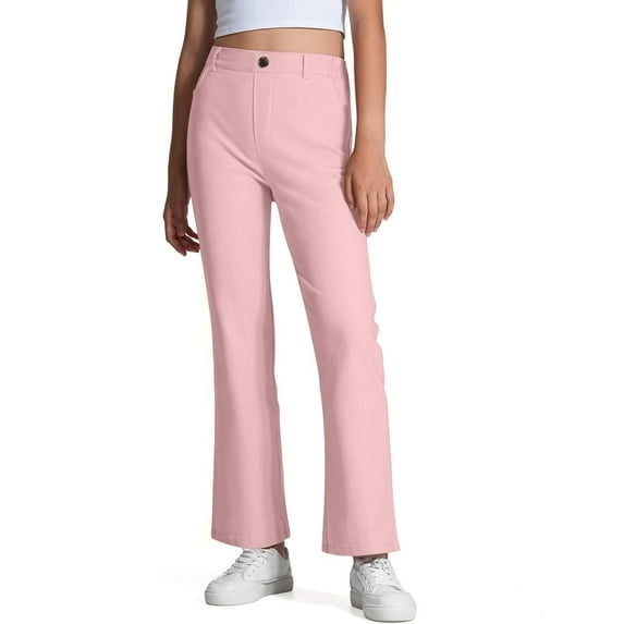 LIIPEE Girls Boys School Uniform Pants Solid Color Stretchy High Waisted Zipper Straight Leg Trousers With Pockets Girl Leisure Party Pants,Pink,14-15 Years