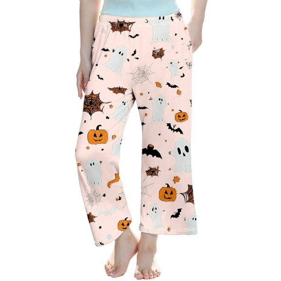 LIIPEE Girls Boys Sleepwear Pants Halloween Cartoon Pumpkin Ghost Graphic Printed Elastic Waist Straight Wide Leg Trousers Toddler Casual Birthday Pants,Pink,3-4 Years