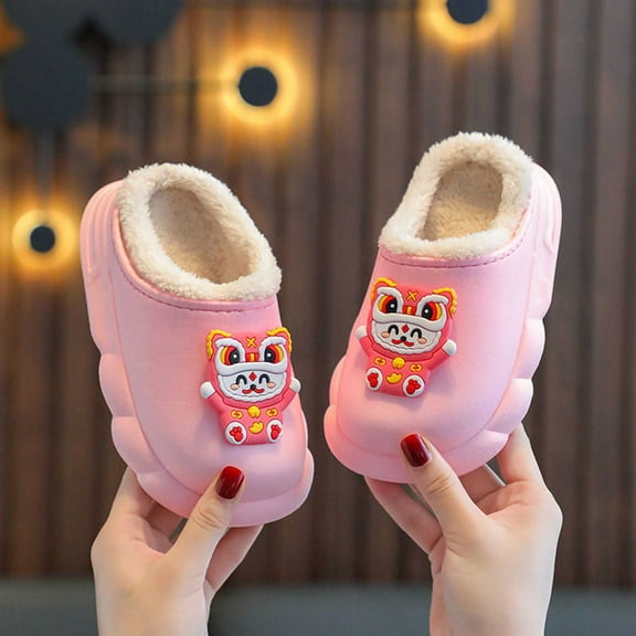 LIIPEE Girls Boys Slippers Cartoon Animal Closed Toe Non- Soft Sole On Warm Lined Plush Shoes Kids Comfort Vacation Slipper,Pink,5.5-6 Years