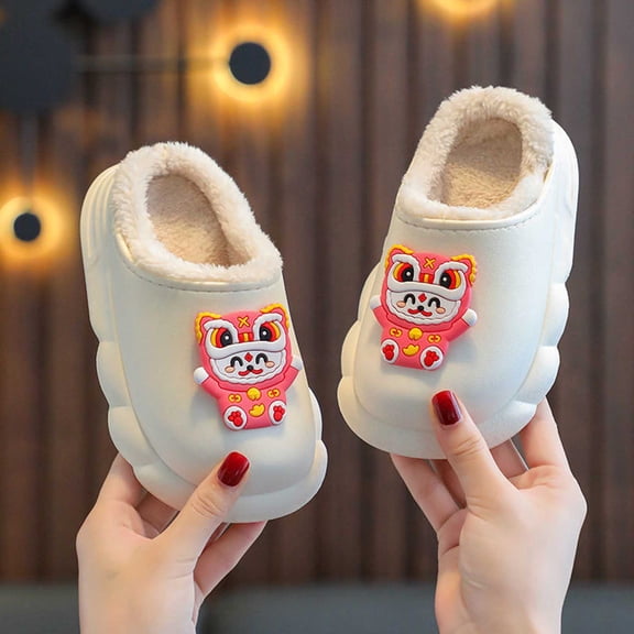 LIIPEE Girls Boys Slippers Cartoon Animal Closed Toe Non- Soft Sole On Warm Lined Plush Shoes Toddler Leisure Birthday Slipper,White,9-9.5 Years